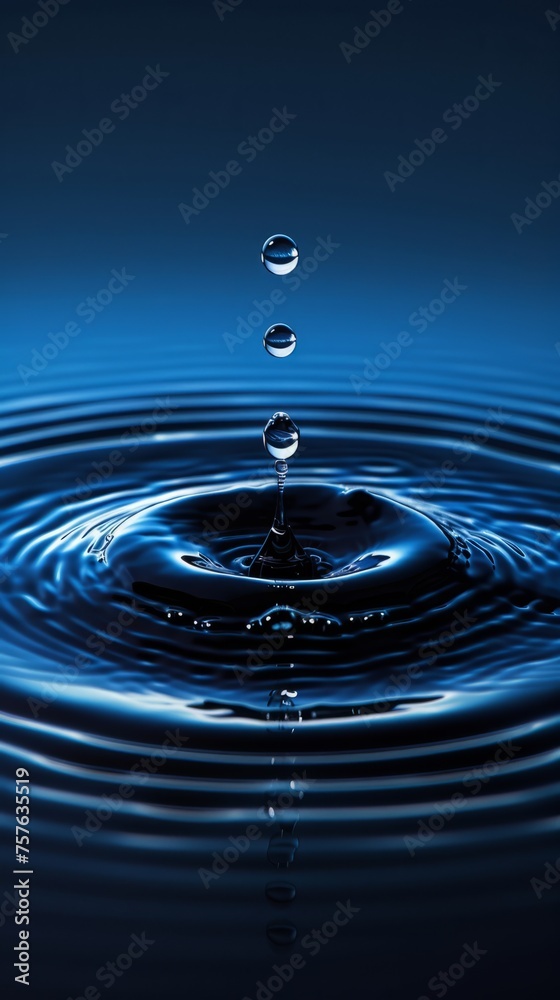 Water droplets touching the water surface ripple in circles Floating up from the surface of the water in mid-air Capture the beauty of water droplets in this timeless photo with a vertical blue backgr
