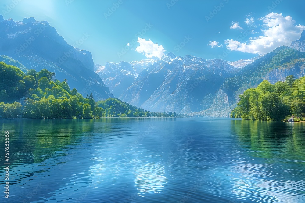 A serene lake surrounded by greenery, a stunning view of verdant valleys and a placid lake amidst towering mountains, a view of an alpine summer lake, and a majestic mountain range featuring