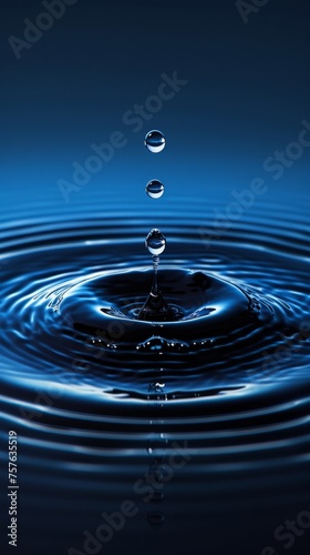 Water droplets touching the water surface ripple in circles Floating up from the surface of the water in mid-air Capture the beauty of water droplets in this timeless photo with a vertical blue backgr