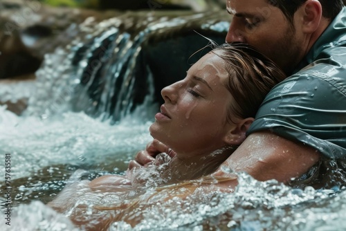A man and woman are in a river, with the woman lying on the man's chest