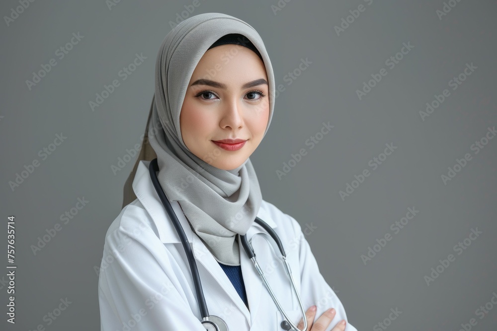 A woman wearing a white lab coat and a grey scarf stands with her arms crossed A woman wearing a white lab coat and a grey scarf stands with her arms crossed