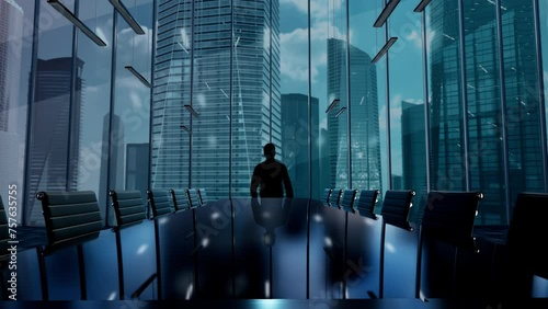 2025 Review. Businessman Working in Office among Skyscrapers. Hologram Concept