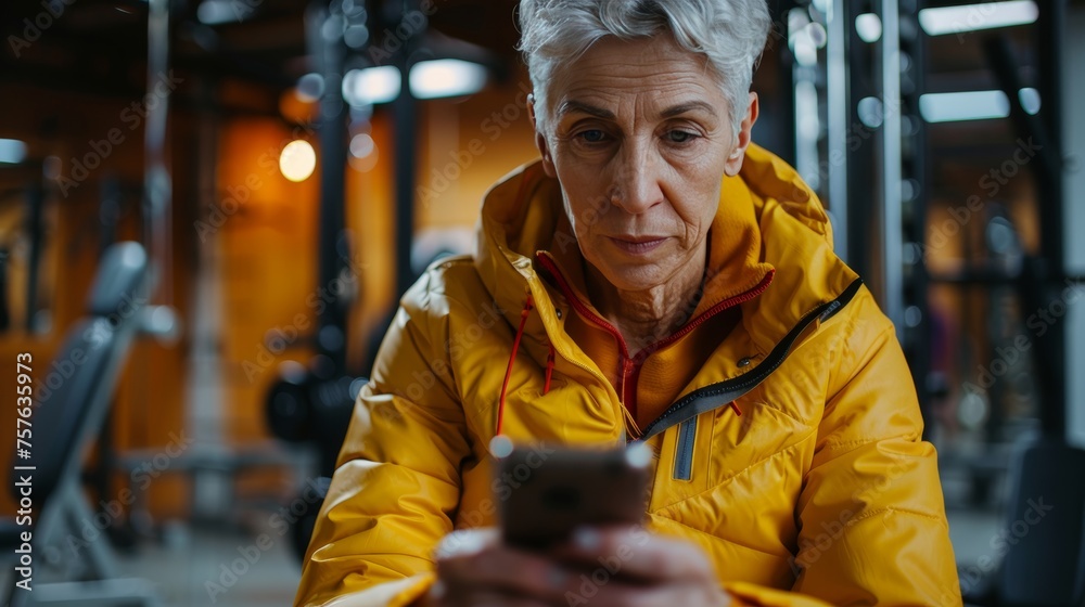 Mature woman relaxing with phone in modern gym, exercise mats and weights under soft lighting