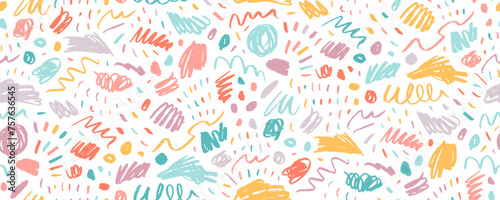 Colorful seamless banner design with scribbles and squiggles. Hand drawn doodle childish style.
