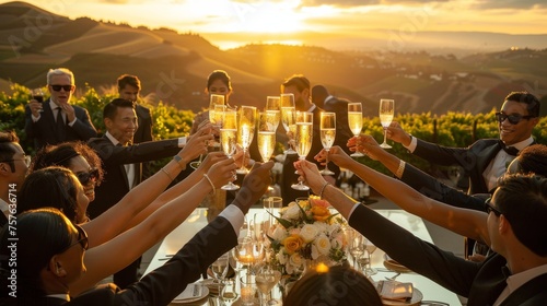 Golden hour vineyard wedding reception evokes love and celebration in destination ad photo