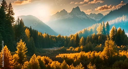 A dreamy and idyllic scene, with a golden sun setting behind a backdrop of towering mountains photo