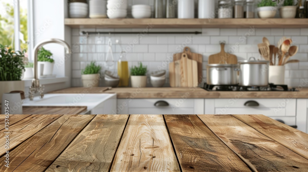 Empty wooden table against a blurred kitchen bench background, ideal for various purposes