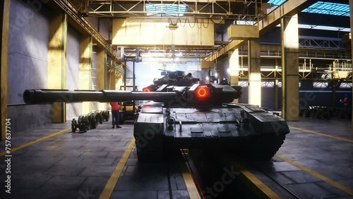 Production of military russian battle tank T 90 at the factory. Military factory weapon. Realistic 4k animation. photo