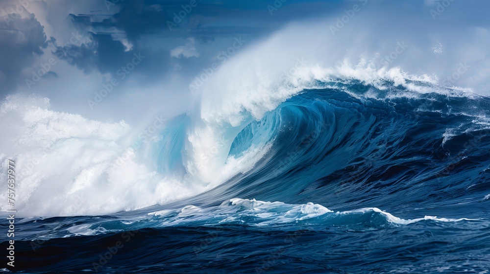 Massive colossal ocean wave surging under a mesmerizingly clear blue sky with fluffy clouds Massive colossal ocean wave surging under a mesmerizingly clear blue sky with fluffy clouds
