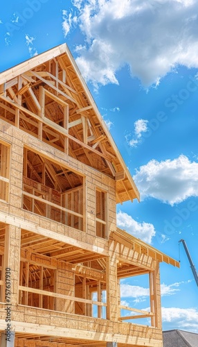 Residential timber structure under construction with blue sky background, ideal for text placement