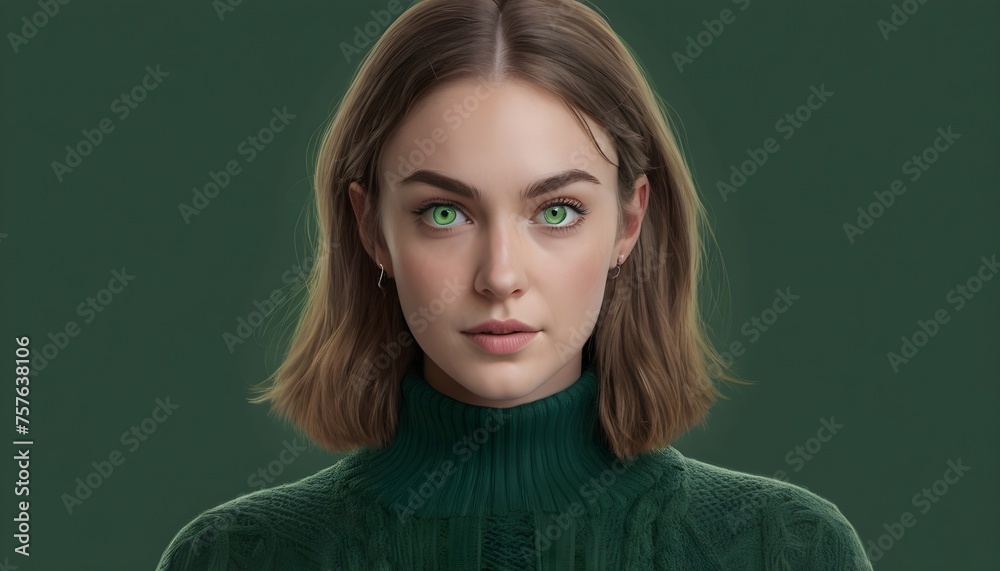 Striking Green-eyed Girl: Knit Sweater Elegance, Timeless Portrait Against Minimalist Background Striking Green-eyed Girl: Knit Sweater Elegance, Timeless Portrait Against Minimalist Background
