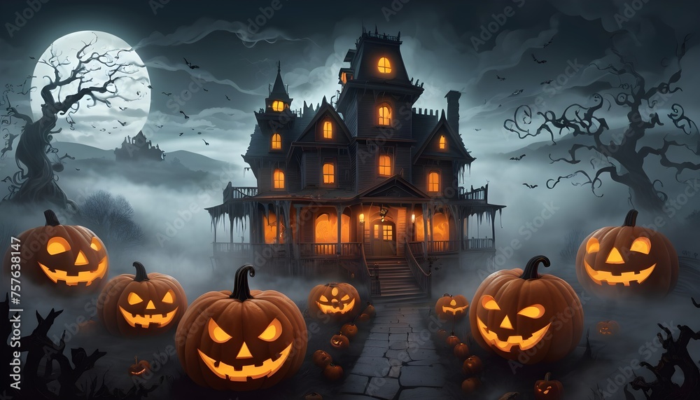 Creepy Mansion: Bats Flying Around Adorned with Spiderwebs, a Haunting Scene Creepy Mansion: Bats Flying Around Adorned with Spiderwebs, a Haunting Scene