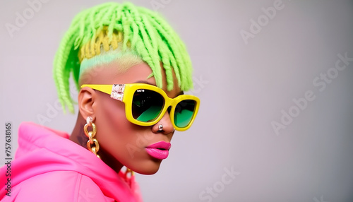 Photo of beautiful African swag woman with green and yellow dreads hair wearing hoodie, jewelry, sunglasses in bold neon colors, bright makeup, nose ring