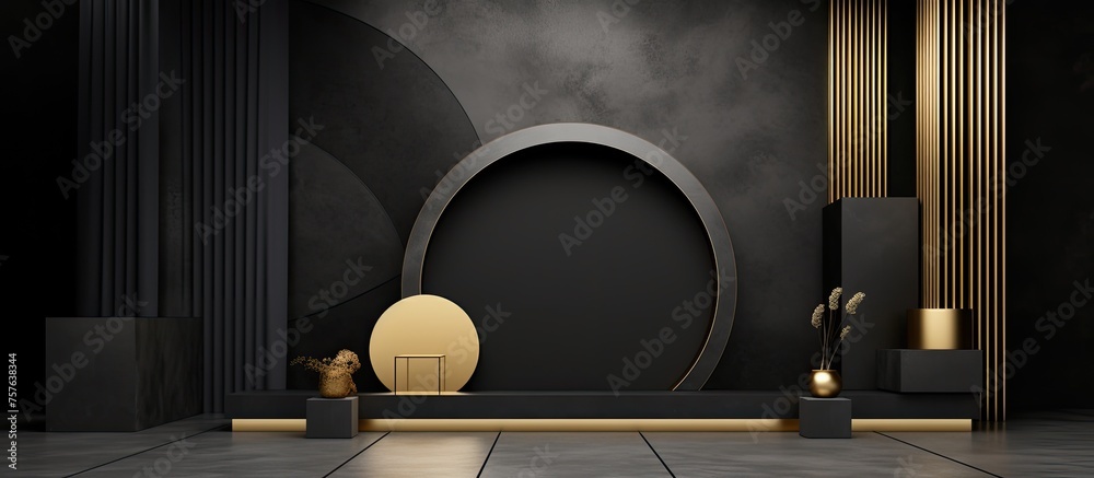 A 3D rendering of a room in black and gold with a podium at the center, featuring metal fixtures, wood accents, and a circle arch