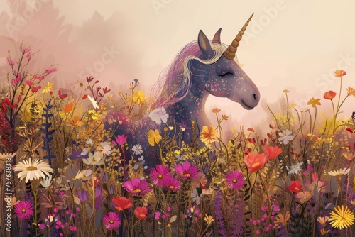Painting of a unicorn among flowers