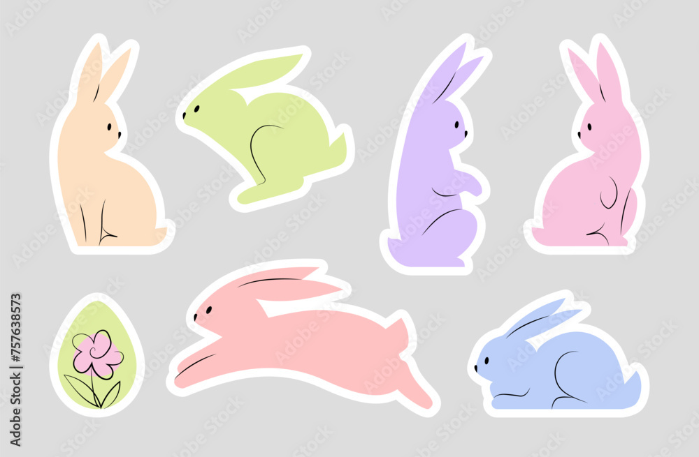 Easter bunny stickers collection. Modern colorful rabbits in different poses and Easter egg isolated on grey background. Vector illustration in flat style Easter bunny stickers collection. Modern colorful rabbits in different poses and Easter egg isolated on grey background. Vector illustration in flat style