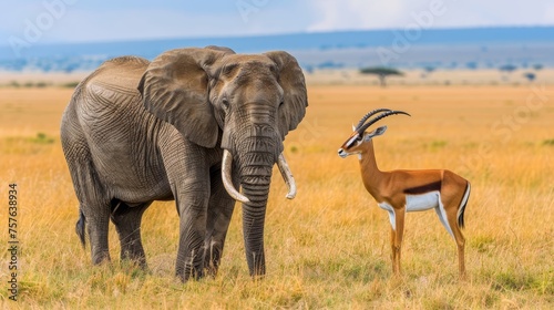 Harmonious wildlife harmony  elephant and gazelle together in golden savanna at dawn © Ilja