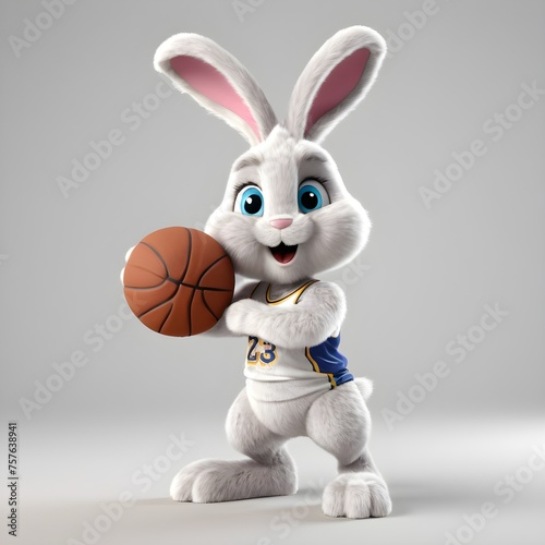 Fluffy Easter Bunny playing basketball. Adorable 3D Render on White Background