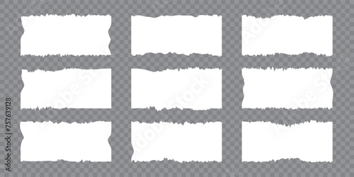Set of vector jagged rectangles with torn edges. White paper pieces isolated on transparent background