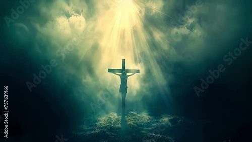 Captivating Easter depiction of Jesus on the cross, silhouetted against a divine light shining from heaven, embodying hope and redemption photo