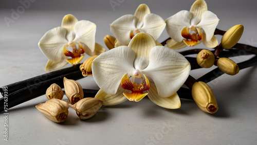 Dried vanilla sticks and vanilla orchid. generative.ai