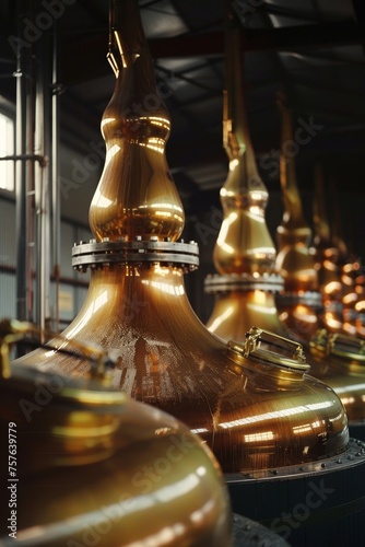 Scenic scottish highlands distillery with craftsmen operating copper stills in historic ambiance