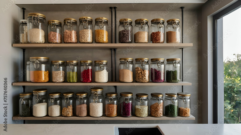 A row of glass jars filled with various colored beans and other food items. generative.ai