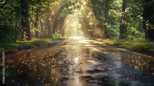 Sunlight filters through trees onto a wet forest road with scattered leaves, creating a tranquil, magical atmosphere.