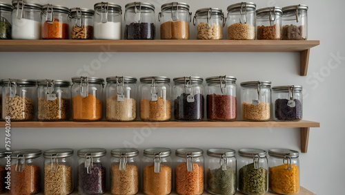 A row of glass jars filled with various colored beans and other food items. generative.ai