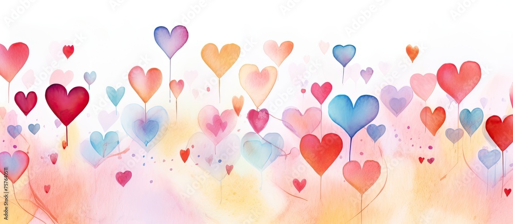 An artistic arrangement of watercolor hearts in shades of pink and magenta on a white background, creating a pattern reminiscent of petals floating in liquid