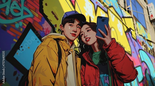 Modern Korean Couple Taking Selfie with Vibrant Street Art Backdrop