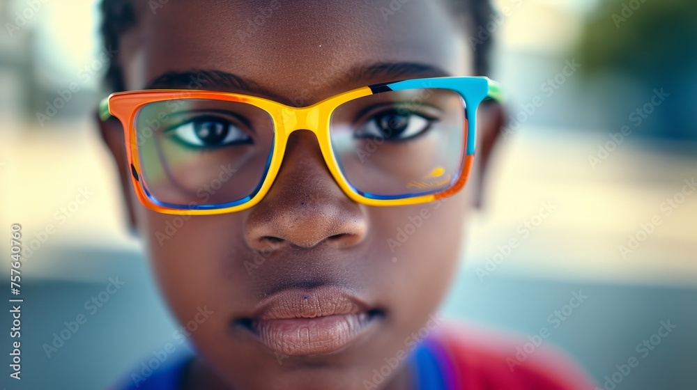 Confident African American child with stylish colorful eyeglasses