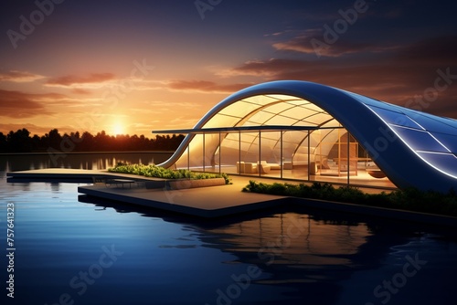 A 3D visualization of a futuristic greenhouse with integrated solar panels and a self-sustaining water recycling system © chayantorn