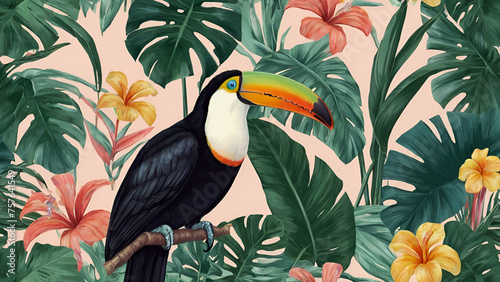 Opalizing pastel tropical jungle background with a toucan bird, strelitzia flower and green leaves. generative.ai photo