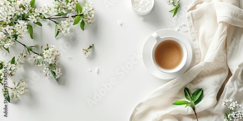 Elegant flat lay with tea cup, blossoms, and silk fabric on a white background, perfect for spring themes.