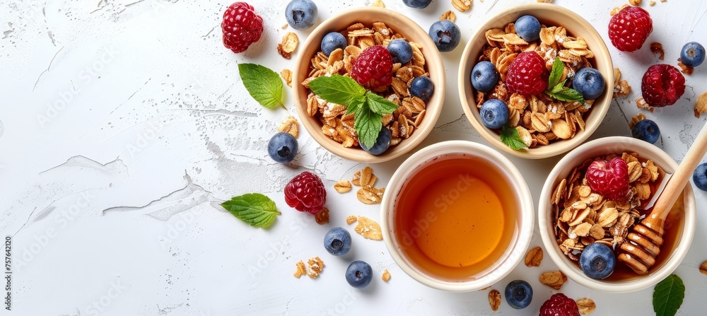 Tasty american breakfast cornflakes with berries, honey on bright white background, copy space Tasty american breakfast cornflakes with berries, honey on bright white background, copy space