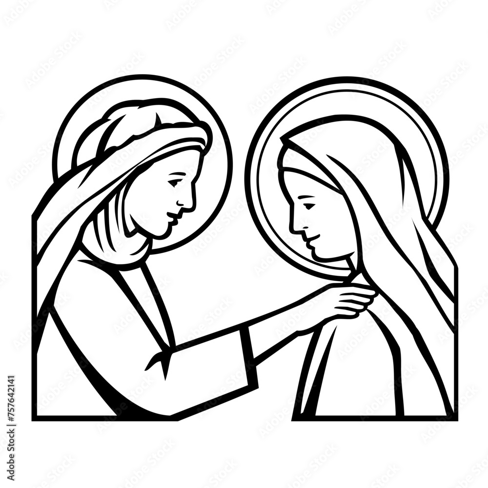 Retro mascot style illustration of the visitation of Mary to her relative Elizabeth; they are both pregnant viewed from side on isolated background done in black and white.
