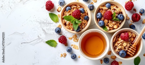 Tasty american breakfast cornflakes with berries, honey on bright white background, copy space
