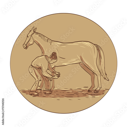 Drawing or illustration of a female farrier placing horseshoe on the horse hoof viewed from the side set inside circle on isolated background retro style.