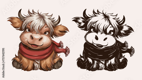 Cute highland cow with a cozy red scarf around its neck vintage silhouette, Generative Ai