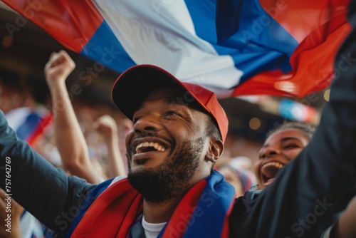 Exhilarated fan with the French flag at stadium