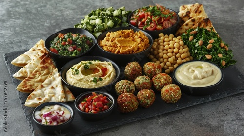 A platter of Mediterranean mezze featuring hummus, falafel, tabbouleh, and pita bread arranged on a slate board against a textured grey surface for a taste of the Middle East.