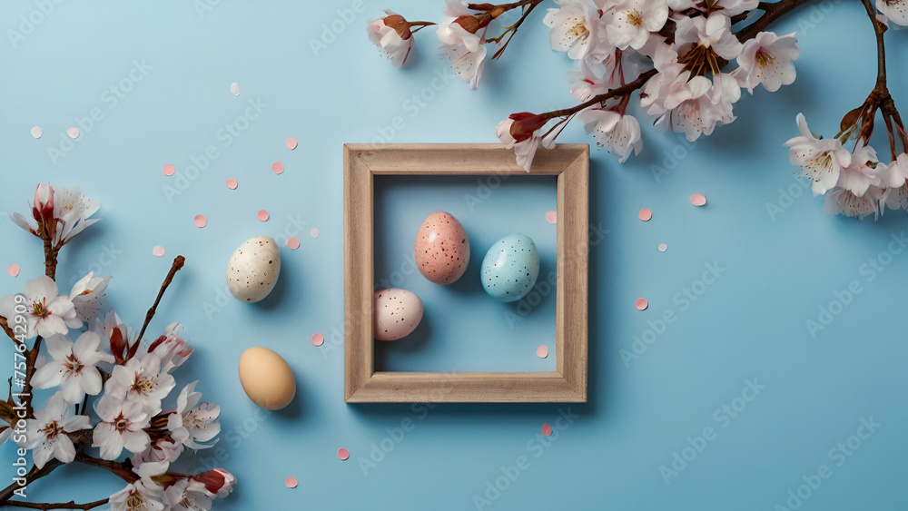 Frame with white and blue speckled easter eggs and cherry blossoms on light blue background. Happy Easter concept. Simple spring template, greeting card, banner. generative.ai - obrazy, fototapety, plakaty 