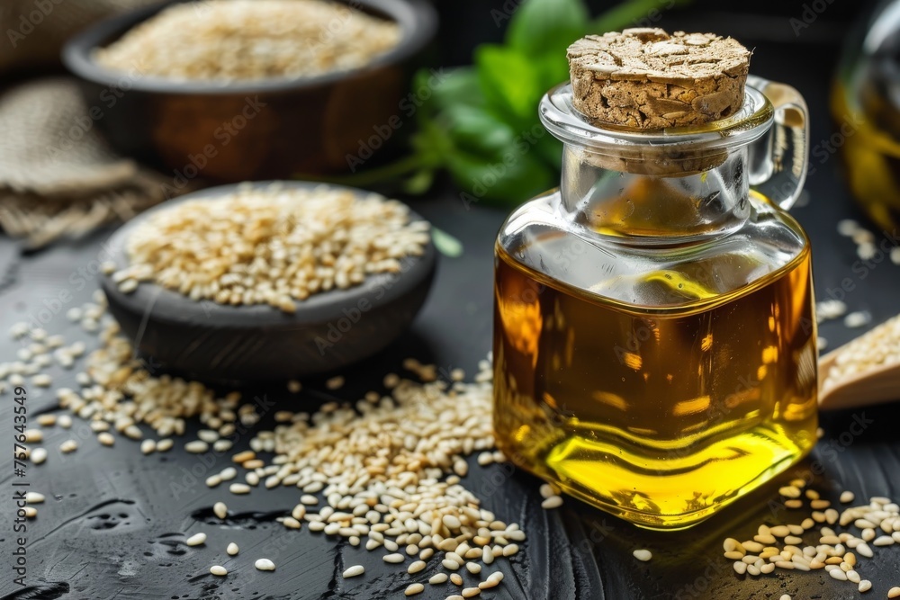 Bottle of sesame oil and sesame seeds Bottle of sesame oil and sesame seeds