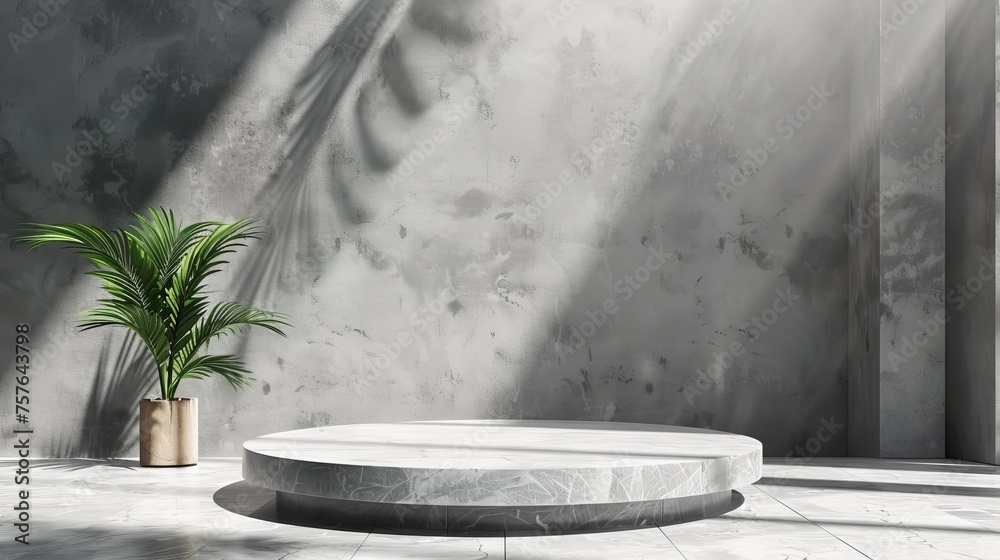 Minimalist summer fashion podium with stone wall and green leaf abstract luxury showcase mockup