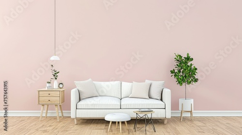 Modern living room interior with white sofa  side table  and indoor plant against a soft pink wall.