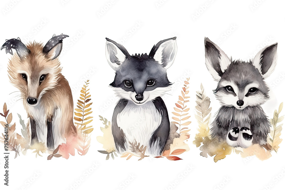 baby forest animals skunk deer Watercolor animals set Raccoon cute