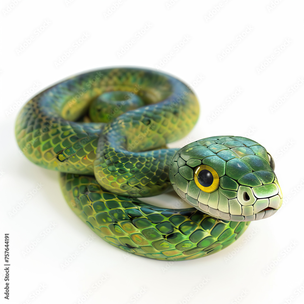 Fototapeta premium Green grass snake in grass coiled up transparent white background.