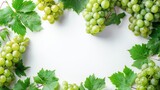 Fresh green grapes with leaves on a white background, copy space in the center.