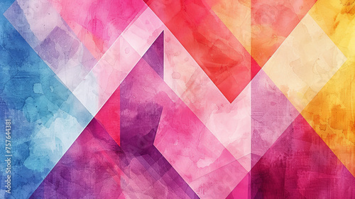 contemporary modern art design of an abstract watercolor illustration pink colored background with layered triangle and rectangle shapes 